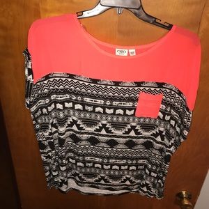 Coral and black/white pattern top